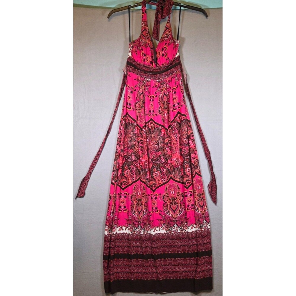 Ruby Rox Women's Size S Pink Paisley Halter Maxi Dress Tie Waist Made in USA